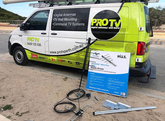 Pro TV van and Hills antenna and packaging