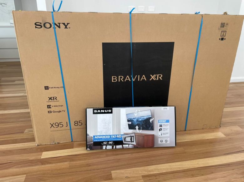 sony bravia xr tv box and sanus advanced tilt 4d box