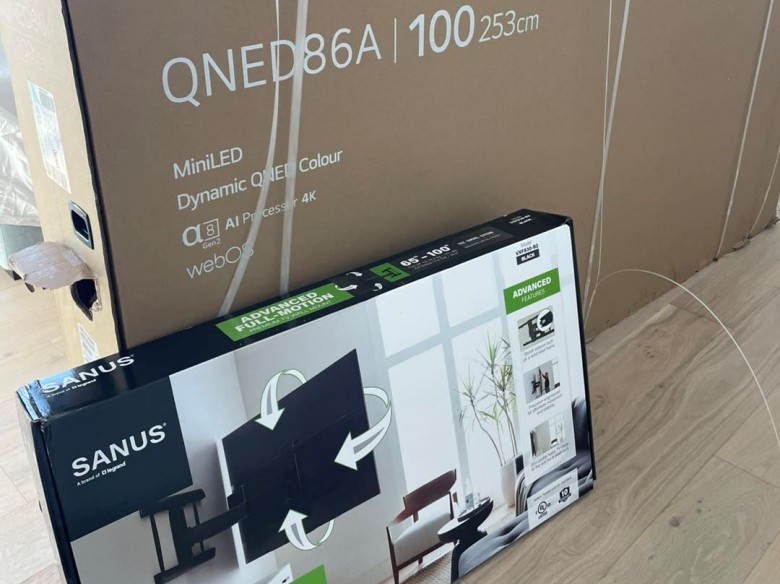 LG QNED Evo AI 100" TV box and SANUS advanced full motion bracket box