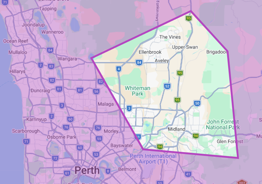 Swan Valley and Ellenbrook Area Map of TV Antenna and TV Installations in Perth